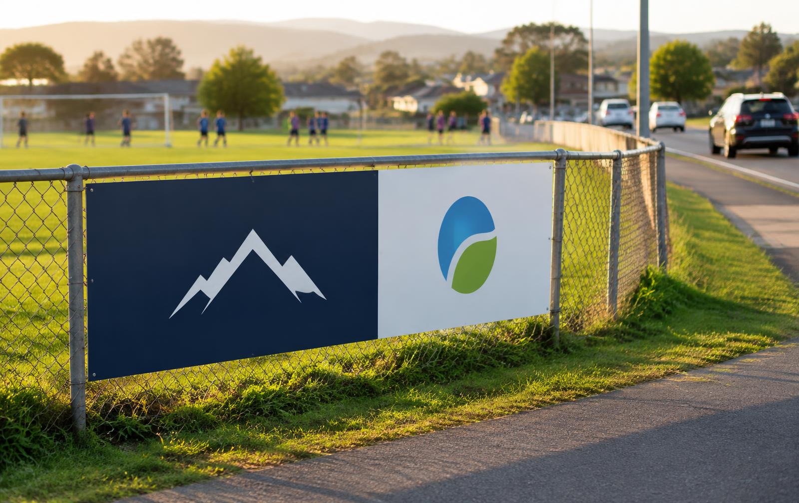 Co-branded sponsor sign on a school sports field fence beside a busy road